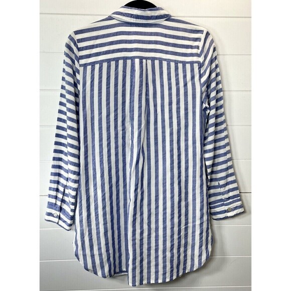 Chico’s Spliced Stripe Blue White Button Front Tunic Pockets Chicos Sz 0 (4-6) - Picture 7 of 11